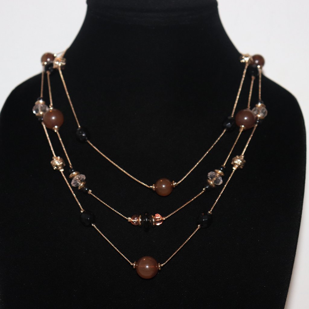 Beautiful Gold Layered Chain Necklace With Black And Brown Beads 19-22